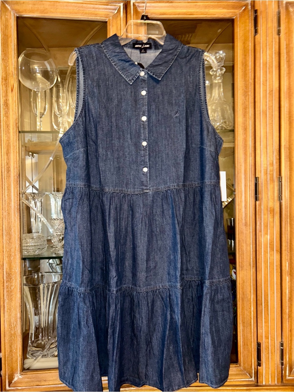 NAUTICA  Dark Blue Sleeveless Denim Tiered Midi Dress